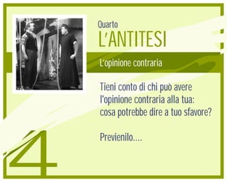 Quarto
    L’ANTITESI
    L’opinione contraria

    Tieni conto di chi può avere
    l'opinione contraria alla tua:
    cosa potrebbe dire a tuo sfavore?




4
    Previenilo....
 
