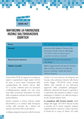110
L’ultimo Studio OCSE sul rapporto tra competenze
digitali e apprendimenti degli studenti (2015)
ha posto in primo piano l’importanza della
consapevolezza dei docenti nell’uso delle
ICT a scuola, rivelando come sia necessaria
un’alfabetizzazione digitale non solo come
base delle conoscenze informatiche ma anche
delle competenze orientate all’innovazione della
pratica didattica.
Questo comporta un diverso indirizzo rispetto
all’architettura e ai contenuti della formazione
iniziale, nelle università, per i docenti che
aspirano ad entrare nella scuola italiana.
La delega assegnata al governo sulla formazione
Risorse Non necessarie per l’attività di indirizzo
Strumenti attuazione della delega al Governo sulla
formazione iniziale contenuta nella legge
107/2015; linee di indirizzo per le
università; accordi con università
Tempi di prima attuazione Novembre 2015 per l’inizio dei lavori
sulla delega
Obiettivi misurabili effettivo aggiornamento dei percorsi formativi
delle università; indicatori di impatto dei
percorsi universitari; risultati dei docenti
nell’anno di prova.
RafforzarelaFormazione
inizialesull'’innovazione
didattica
Azione#27
iniziale e sul nuovo percorso da disegnare per
l’accesso alla professione docente nella Buona
Scuola (legge 107/2015) dovrà dunque
riflettere sulla necessità di una definizione
aggiornata delle competenze pedagogico,
didattiche, relazionali dei docenti in generale e
in particolare sulla capacità di volgere in senso
pedagogico e didattico l’uso delle tecnologie a
scuola, fissando obiettivi chiari.
Le competenze nella funzione docente. Nella
delega alla legge 107/2015 (Buona Scuola)
si prevede che le lauree magistrali vengano
integrate (durante il percorso o dopo il percorso
di laurea) da un corpus di almeno 24 crediti
 