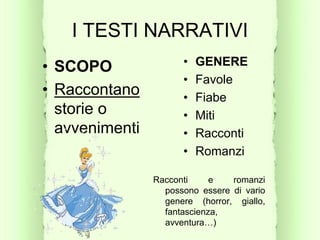 I TESTI NARRATIVI
• SCOPO
• Raccontano
storie o
avvenimenti
• GENERE
• Favole
• Fiabe
• Miti
• Racconti
• Romanzi
Racconti e romanzi
possono essere di vario
genere (horror, giallo,
fantascienza,
avventura…)
 
