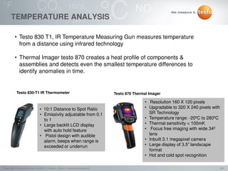 3/2Testo AG, Präsentationstitel (Version), Ersteller, Datum, Vertraulichkeitsstufe
TEMPERATURE ANALYSIS
• Testo 830 T1, IR Temperature Measuring Gun measures temperature
from a distance using infrared technology
• Thermal Imager testo 870 creates a heat profile of components &
assemblies and detects even the smallest temperature differences to
identify anomalies in time.
Testo 830-T1 IR Thermometer Testo 870 Thermal Imager
• 10:1 Distance to Spot Ratio
• Emissivity adjustable from 0.1
to 1
• Large backlit LCD display
with auto hold feature
• Pistol design with audible
alarm, beeps when range is
exceeded or underrun
• Resolution 160 X 120 pixels
• Upgradable to 320 X 240 pixels with
SR Technology
• Temperature range: -20ºC to 280ºC
• Thermal sensitivity < 100mK
• Focus free imaging with wide 34º
lens
• Inbuilt 3.1 megapixel camera
• Large display of 3.5” landscape
format
• Hot and cold spot recognition
 
