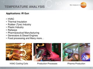 4/2Testo AG, Präsentationstitel (Version), Ersteller, Datum, Vertraulichkeitsstufe
TEMPERATURE ANALYSIS
Applications: IR Gun
• HVAC
• Thermal Insulation
• Rubber (Tyre) Industry
• Plastic Industry
• Railways
• Pharmaceutical Manufacturing
• Generators & Diesel Engines
• Food processing and Many more…
HVAC Cooling Coils Production Processes Pharma Production
 