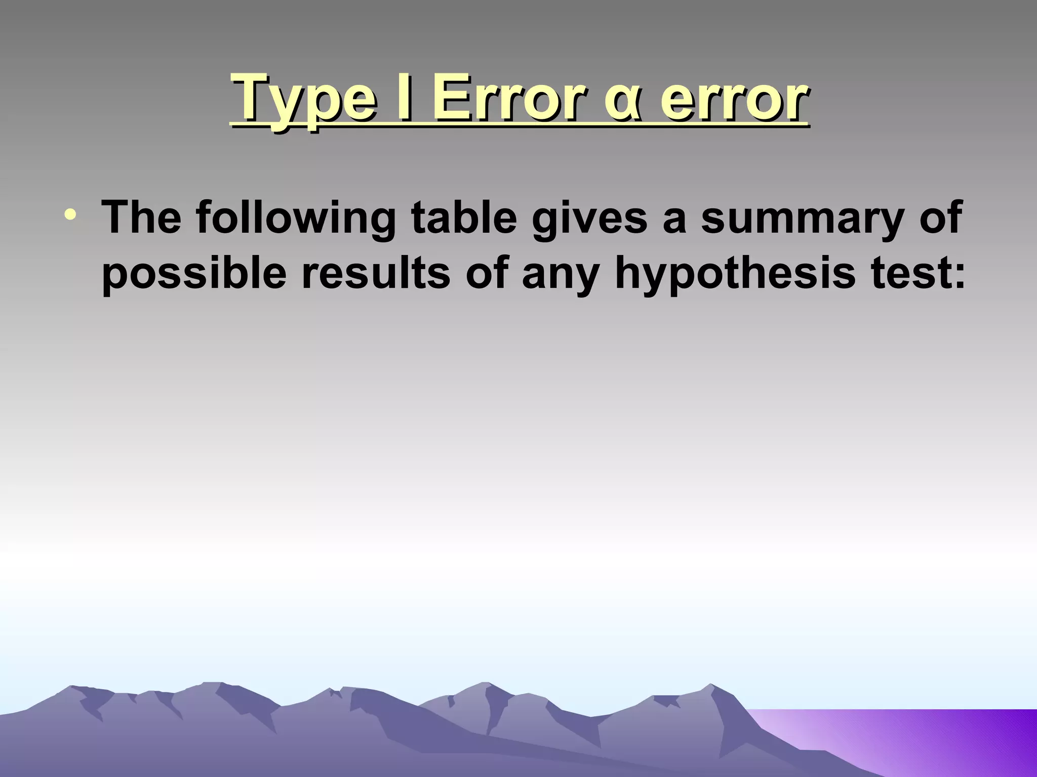Type I Error α error The following table gives a summary of possible results of any hypothesis test:   