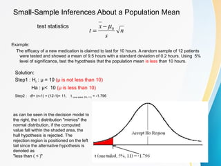 Small-Sample Inferences About a Population Mean
Example:
The efficacy of a new medication is claimed to last for 10 hours. A random sample of 12 patients
were tested and showed a mean of 9.5 hours with a standard deviation of 0.2 hours. Using 5%
level of significance, test the hypothesis that the population mean is less than 10 hours.
n
s
x
t 0µ−
=
test statistics
Solution:
Step1 : H0 : μ = 10 (μ is not less than 10)
Ha : μ< 10 (μ is less than 10)
Step2 : df= (n-1) = (12-1)= 11, t (one tailed, 5%, 11) = -1.796
as can be seen in the decision model to
the right, the t distribution "mimics" the
normal distribution, if the computed
value fall within the shaded area, the
hull hypothesis is rejected. The
rejection region is positioned on the left
tail since the alternative hypothesis is
denoted as
"less than ( < )"
 