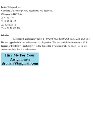 Test of Independence.
Compute x^2 subscript 3on3 accurate to two decimals.
Observed A B C Total
X 7 18 51 76
Y 18 35 59 112
Z 34 26 52 112
Total 59 79 162 300
Solution
1. expected: contingency table 1 14.9 20.0 41.0 2 22.0 29.5 60.5 3 22.0 29.5 60.5
The test hypothesis is Ho: independent Ha: dependent The test statistic is chi-square = 16.8
degrees of freedom = 4 probability = 0.002 Since the p-value is small, we reject Ho. So we
cannot conclude that it is independent.
 