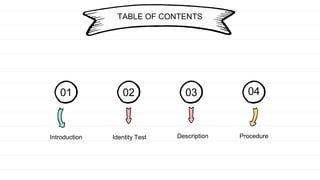 TABLE OF CONTENTS
01 02 03 04
Introduction Identity Test Description Procedure
 