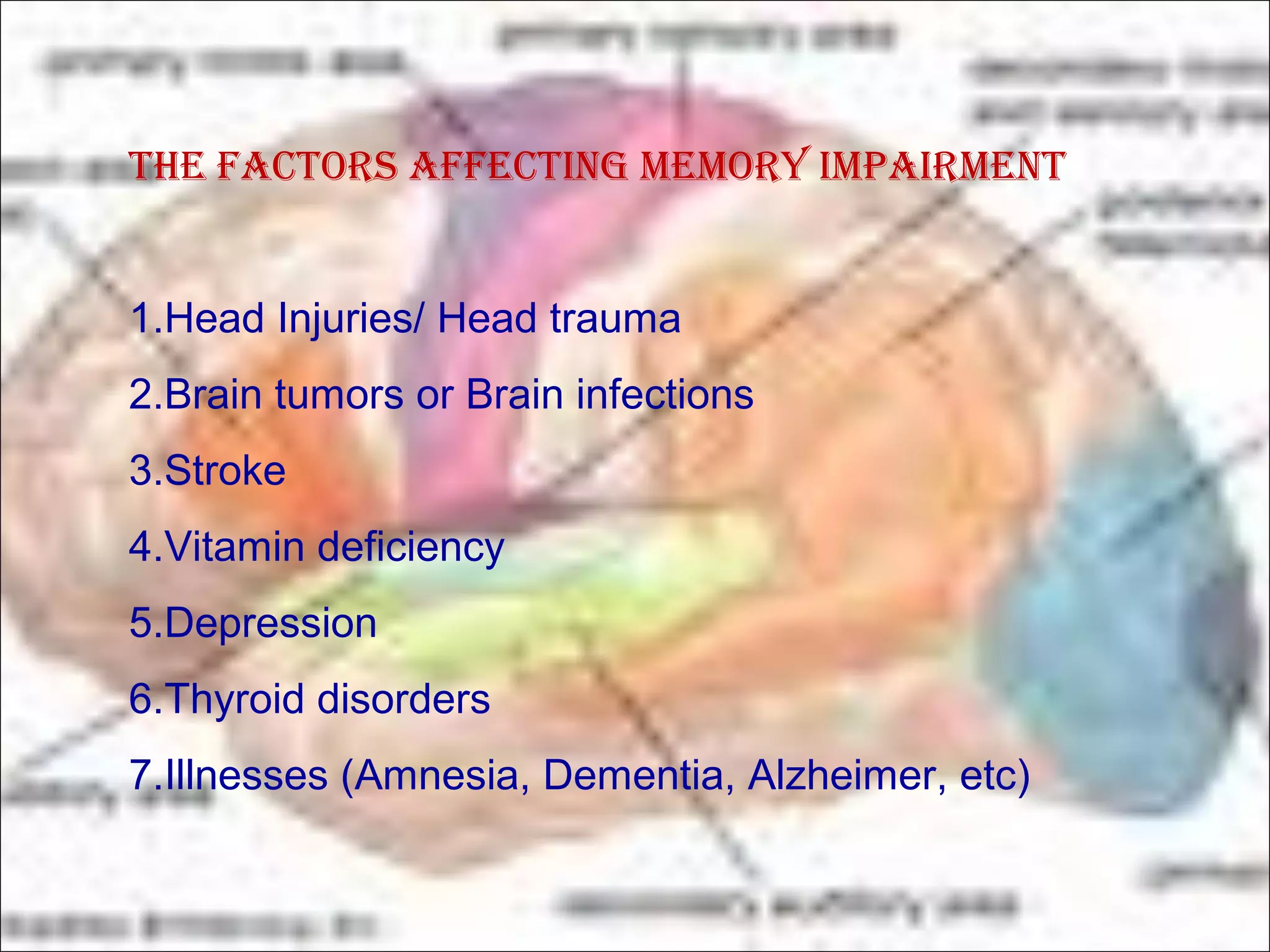 ThE FacTORS aFFEcTing MEMORY iMpaiRMEnT 
1.Head Injuries/ Head trauma 
2.Brain tumors or Brain infections 
3.Stroke 
4.Vitamin deficiency 
5.Depression 
6.Thyroid disorders 
7.Illnesses (Amnesia, Dementia, Alzheimer, etc) 
 