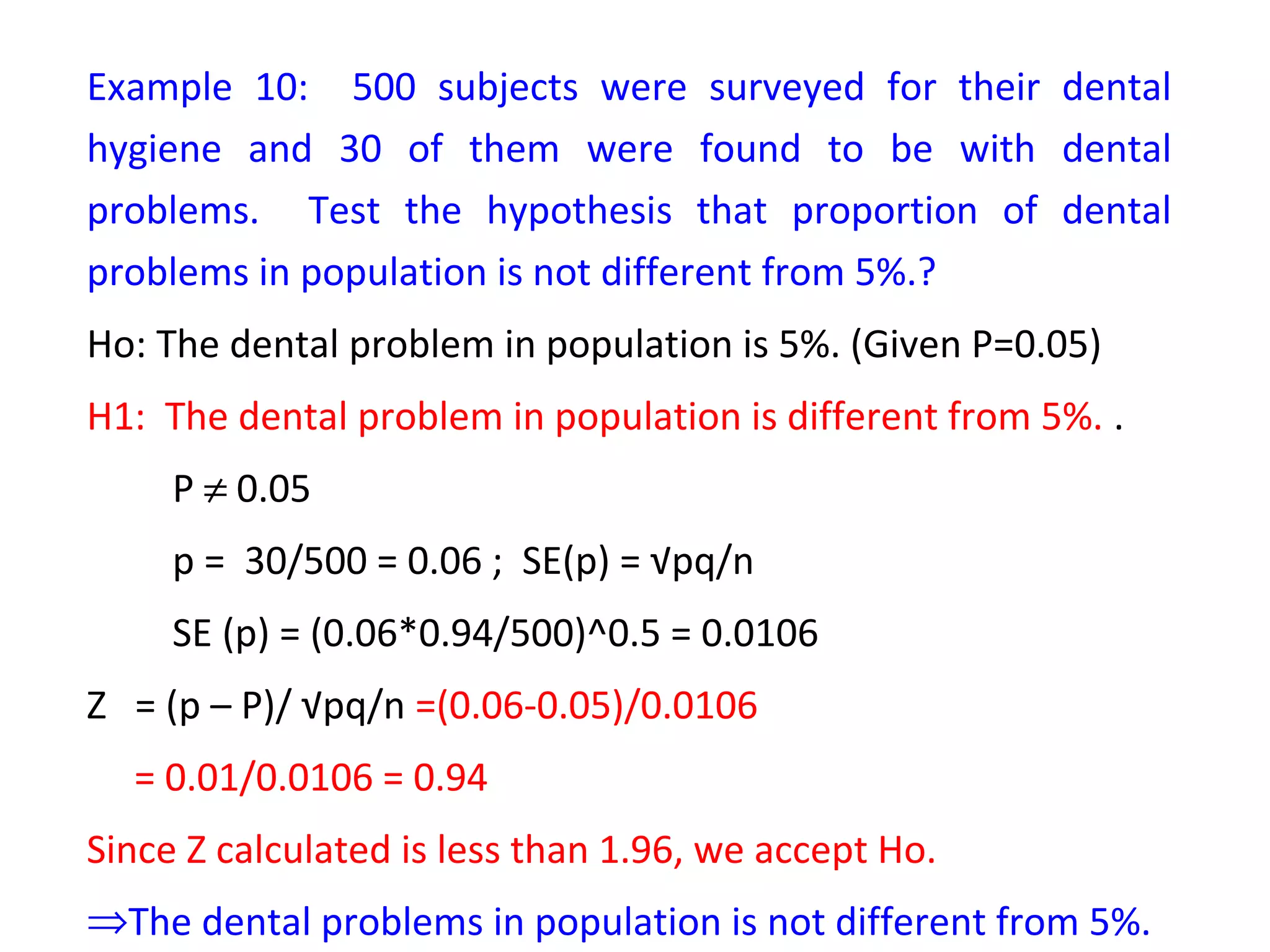 Example 10: 500 subjects were surveyed for their dental 
hygiene and 30 of them were found to be with dental 
problems. Test the hypothesis that proportion of dental 
problems in population is not different from 5%.? 
Ho: The dental problem in population is 5%. (Given P=0.05) 
H1: The dental problem in population is different from 5%. . 
P ¹ 0.05 
p = 30/500 = 0.06 ; SE(p) = √pq/n 
SE (p) = (0.06*0.94/500)^0.5 = 0.0106 
Z = (p – P)/ √pq/n =(0.06-0.05)/0.0106 
= 0.01/0.0106 = 0.94 
Since Z calculated is less than 1.96, we accept Ho. 
ÞThe dental problems in population is not different from 5%. 
 