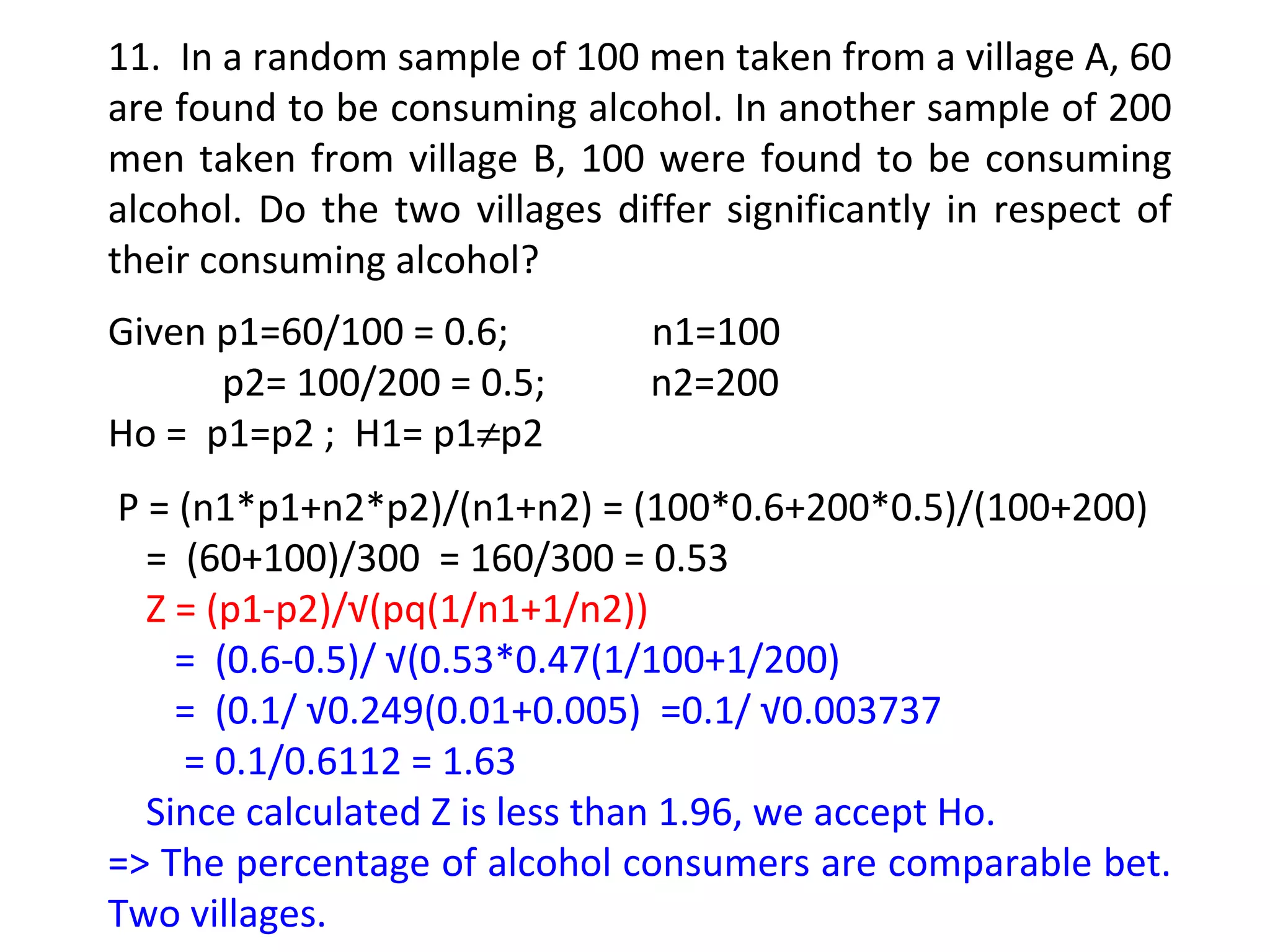 11. In a random sample of 100 men taken from a village A, 60 
are found to be consuming alcohol. In another sample of 200 
men taken from village B, 100 were found to be consuming 
alcohol. Do the two villages differ significantly in respect of 
their consuming alcohol? 
Given p1=60/100 = 0.6; n1=100 
p2= 100/200 = 0.5; n2=200 
Ho = p1=p2 ; H1= p1¹p2 
P = (n1*p1+n2*p2)/(n1+n2) = (100*0.6+200*0.5)/(100+200) 
= (60+100)/300 = 160/300 = 0.53 
Z = (p1-p2)/√(pq(1/n1+1/n2)) 
= (0.6-0.5)/ √(0.53*0.47(1/100+1/200) 
= (0.1/ √0.249(0.01+0.005) =0.1/ √0.003737 
= 0.1/0.6112 = 1.63 
Since calculated Z is less than 1.96, we accept Ho. 
=> The percentage of alcohol consumers are comparable bet. 
Two villages. 
 