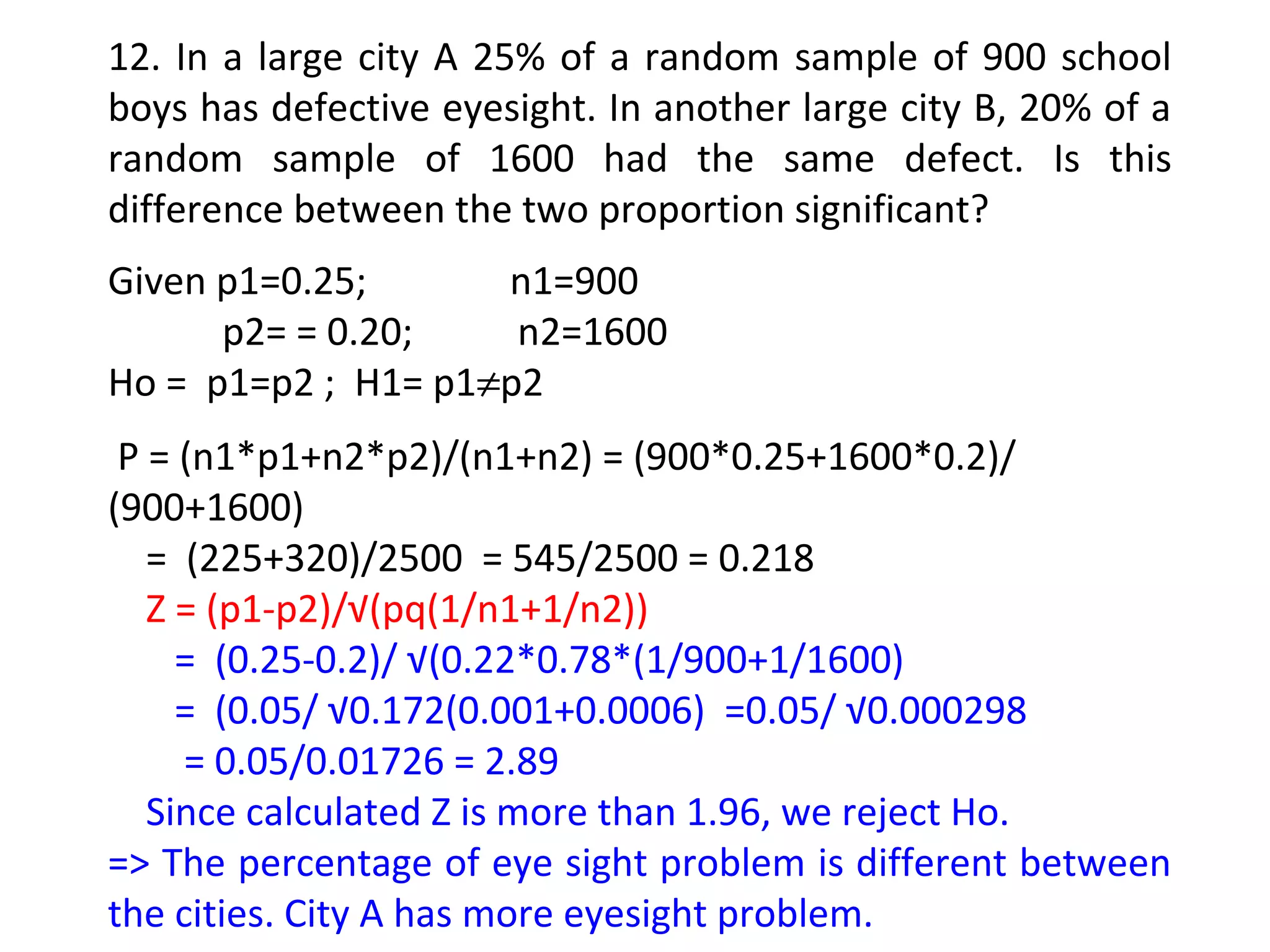 12. In a large city A 25% of a random sample of 900 school 
boys has defective eyesight. In another large city B, 20% of a 
random sample of 1600 had the same defect. Is this 
difference between the two proportion significant? 
Given p1=0.25; n1=900 
p2= = 0.20; n2=1600 
Ho = p1=p2 ; H1= p1¹p2 
P = (n1*p1+n2*p2)/(n1+n2) = (900*0.25+1600*0.2)/ 
(900+1600) 
= (225+320)/2500 = 545/2500 = 0.218 
Z = (p1-p2)/√(pq(1/n1+1/n2)) 
= (0.25-0.2)/ √(0.22*0.78*(1/900+1/1600) 
= (0.05/ √0.172(0.001+0.0006) =0.05/ √0.000298 
= 0.05/0.01726 = 2.89 
Since calculated Z is more than 1.96, we reject Ho. 
=> The percentage of eye sight problem is different between 
the cities. City A has more eyesight problem. 
 