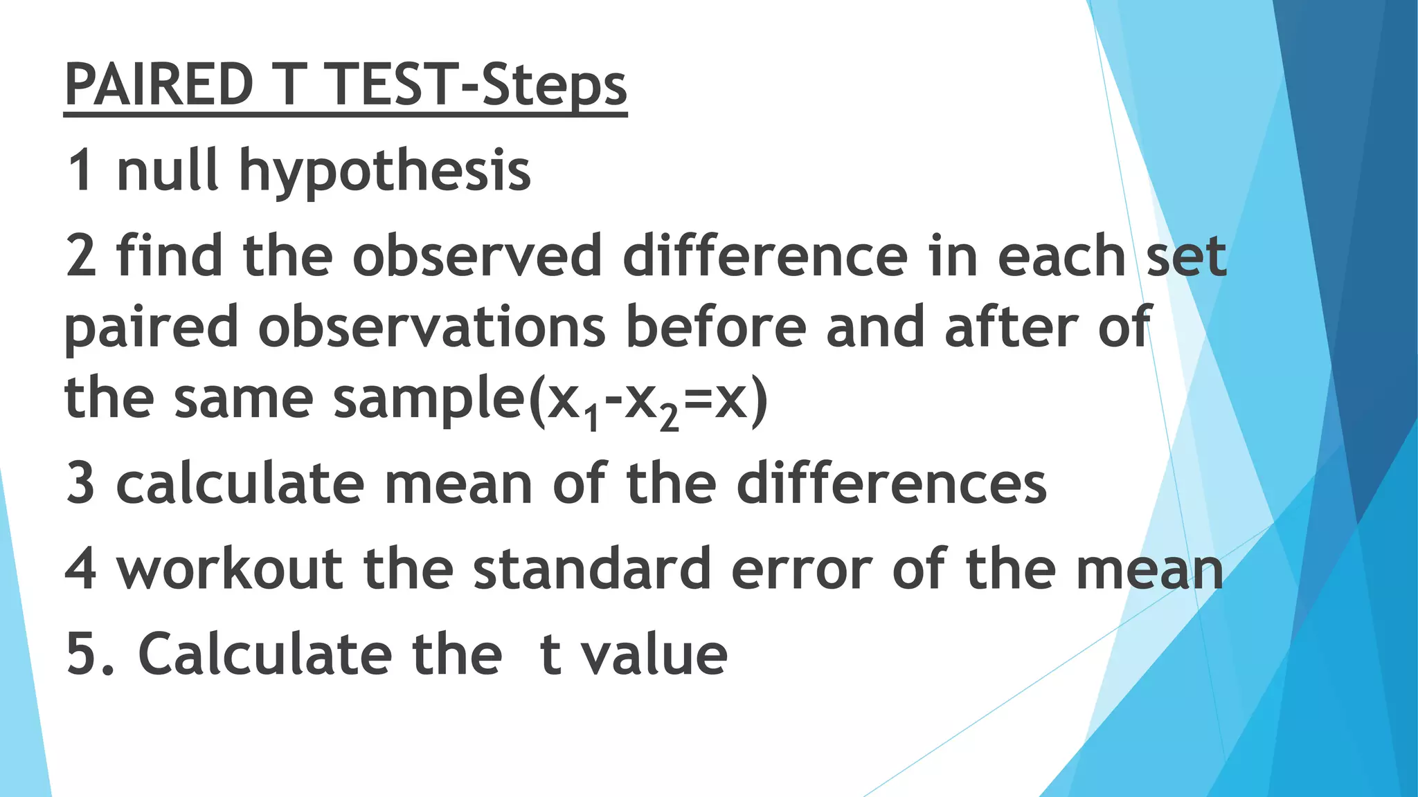 PAIRED T TEST-Steps
1 null hypothesis
2 find the observed difference in each set
paired observations before and after of
the same sample(x1-x2=x)
3 calculate mean of the differences
4 workout the standard error of the mean
5. Calculate the t value
 
