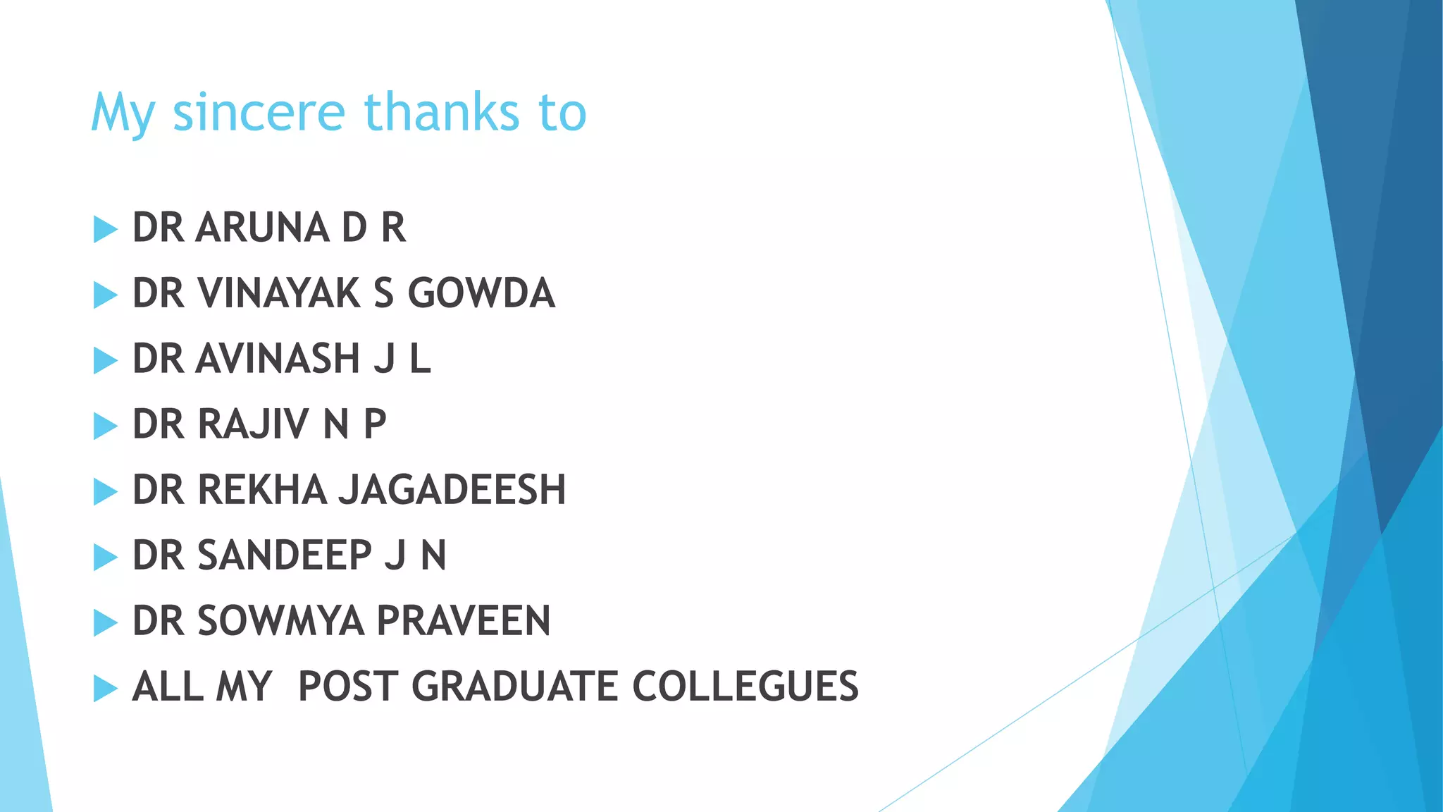 My sincere thanks to
 DR ARUNA D R
 DR VINAYAK S GOWDA
 DR AVINASH J L
 DR RAJIV N P
 DR REKHA JAGADEESH
 DR SANDEEP J N
 DR SOWMYA PRAVEEN
 ALL MY POST GRADUATE COLLEGUES
 