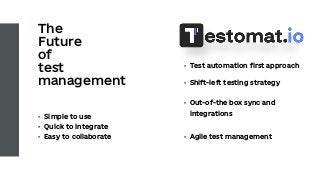 The
Future
of
test
management
• Test automation first approach
• Shift-left testing strategy
• Out-of-the box sync and
integrations
• Agile test management
• Simple to use
• Quick to integrate
• Easy to collaborate
 