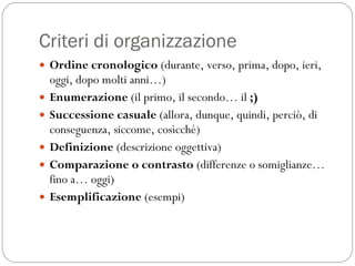 Criteri di organizzazione Ordine cronologico  (durante, verso, prima, dopo, ieri, oggi, dopo molti anni…) Enumerazione  (il primo, il secondo… il  ;) Successione casuale  (allora, dunque, quindi, perciò, di conseguenza, siccome, cosìcché) Definizione  (descrizione oggettiva) Comparazione o contrasto  (differenze o somiglianze… fino a… oggi) Esemplificazione  (esempi) 