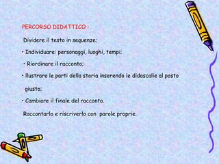 PERCORSO DIDATTICO :

Dividere il testo in sequenze;

• Individuare: personaggi, luoghi, tempi;

• Riordinare il racconto;

• llustrare le parti della storia inserendo le didascalie al posto

 giusto;

• Cambiare il finale del racconto.

Raccontarlo e riscriverlo con parole proprie.
 