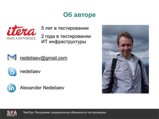 TestOps. Расширяем традиционные обязанности тестировщика
Об авторе
5 лет в тестировании
2 года в тестировании
ИТ инфраструктуры
nedeliaev@gmail.com
nedeliaev
Alexander Nedeliaev
 