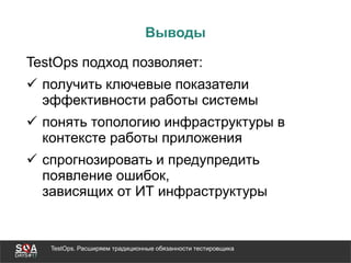 TestOps. Расширяем традиционные обязанности тестировщика
Выводы
TestOps подход позволяет:
 получить ключевые показатели
эффективности работы системы
 понять топологию инфраструктуры в
контексте работы приложения
 спрогнозировать и предупредить
появление ошибок,
зависящих от ИТ инфраструктуры
 