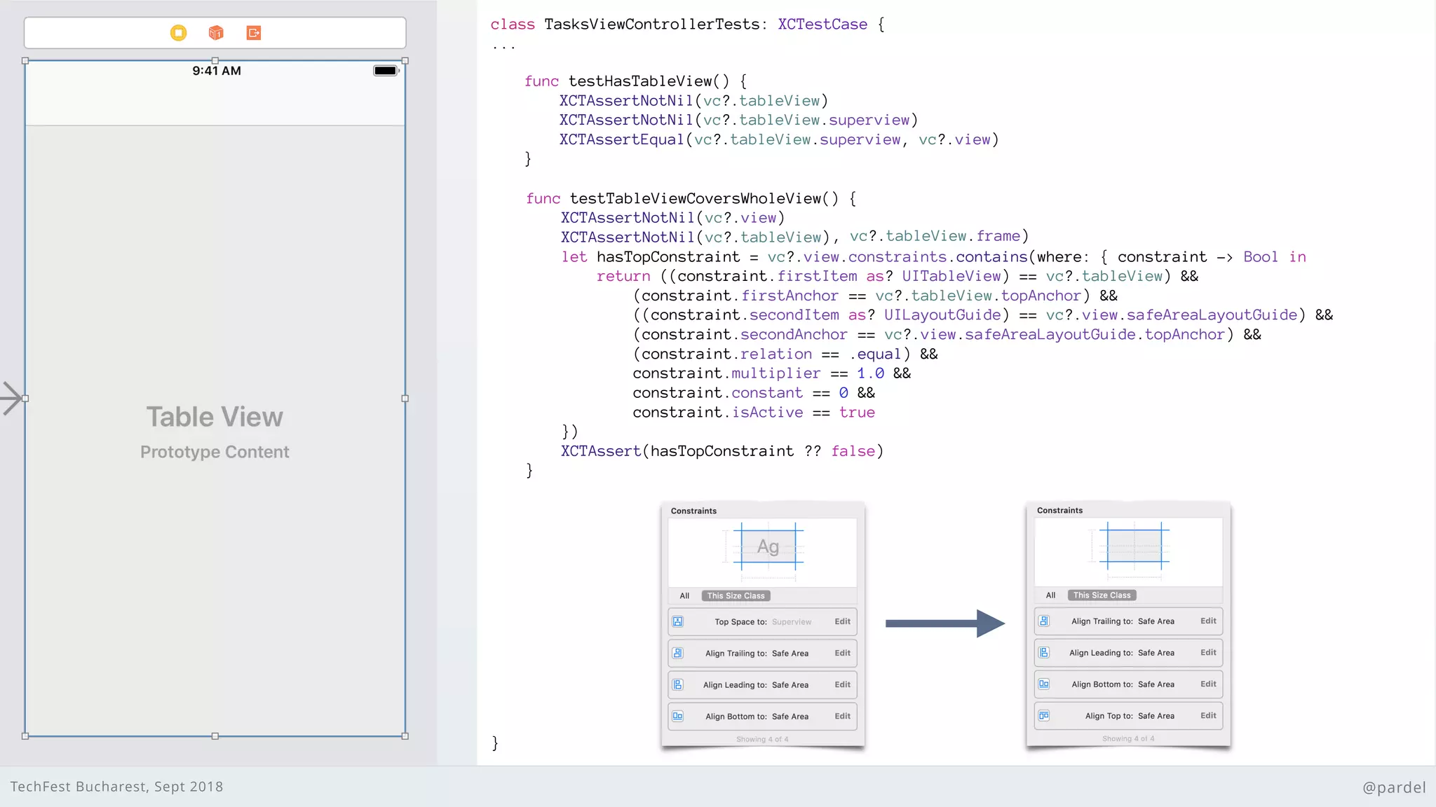 TechFest Bucharest, Sept 2018 @pardel
class TasksViewControllerTests: XCTestCase {
...
}
func testHasTableView() {
XCTAssertNotNil(vc?.tableView)
XCTAssertNotNil(vc?.tableView.superview)
XCTAssertEqual(vc?.tableView.superview, vc?.view)
}
func testTableViewCoversWholeView() {
XCTAssertNotNil(vc?.view)
XCTAssertEqual(vc?.view.bounds, vc?.tableView.frame)
}
func testTableViewCoversWholeView() {
XCTAssertNotNil(vc?.view)
XCTAssertNotNil(vc?.tableView)
let hasTopConstraint = vc?.view.constraints.contains(where: { constraint -> Bool in
return ((constraint.firstItem as? UITableView) == vc?.tableView) &&
(constraint.firstAnchor == vc?.tableView.topAnchor) &&
((constraint.secondItem as? UILayoutGuide) == vc?.view.safeAreaLayoutGuide) &&
(constraint.secondAnchor == vc?.view.safeAreaLayoutGuide.topAnchor) &&
(constraint.relation == .equal) &&
constraint.multiplier == 1.0 &&
constraint.constant == 0 &&
constraint.isActive == true
})
XCTAssert(hasTopConstraint ?? false)
}
 