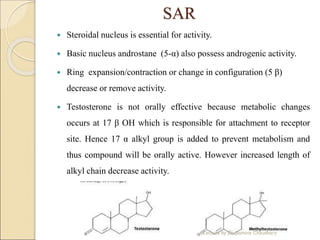 SAR
 Steroidal nucleus is essential for activity.
 Basic nucleus androstane (5-α) also possess androgenic activity.
 Ring expansion/contraction or change in configuration (5 β)
decrease or remove activity.
 Testosterone is not orally effective because metabolic changes
occurs at 17 β OH which is responsible for attachment to receptor
site. Hence 17 α alkyl group is added to prevent metabolism and
thus compound will be orally active. However increased length of
alkyl chain decrease activity.
Lecture by Dr. Jasmine Chaudhary
 