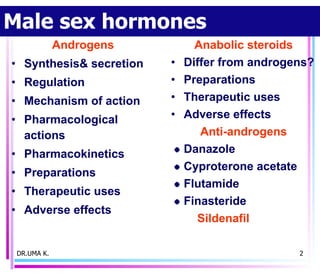 Male sex hormones Androgens Synthesis& secretion Regulation Mechanism of action Pharmacological  actions Pharmacokinetics Preparations  Therapeutic uses Adverse effects Anabolic steroids Differ from androgens? Preparations Therapeutic uses Adverse effects Anti-androgens Danazole Cyproterone acetate Flutamide Finasteride Sildenafil DR.UMA K. 