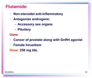 Flutamide: Non-steroidal anti-inflammatory Antagonize androgens:  Accessory sex organs Pituitary Uses: Cancer of prostate along with GnRH agonist Female hirusitism Dose:  250 mg tds. DR.UMA K. 