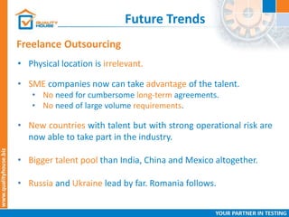 Future Trends
Freelance Outsourcing
• Physical location is irrelevant.
• SME companies now can take advantage of the talent.
• No need for cumbersome long-term agreements.
• No need of large volume requirements.
• New countries with talent but with strong operational risk are
now able to take part in the industry.
• Bigger talent pool than India, China and Mexico altogether.
• Russia and Ukraine lead by far. Romania follows.
 