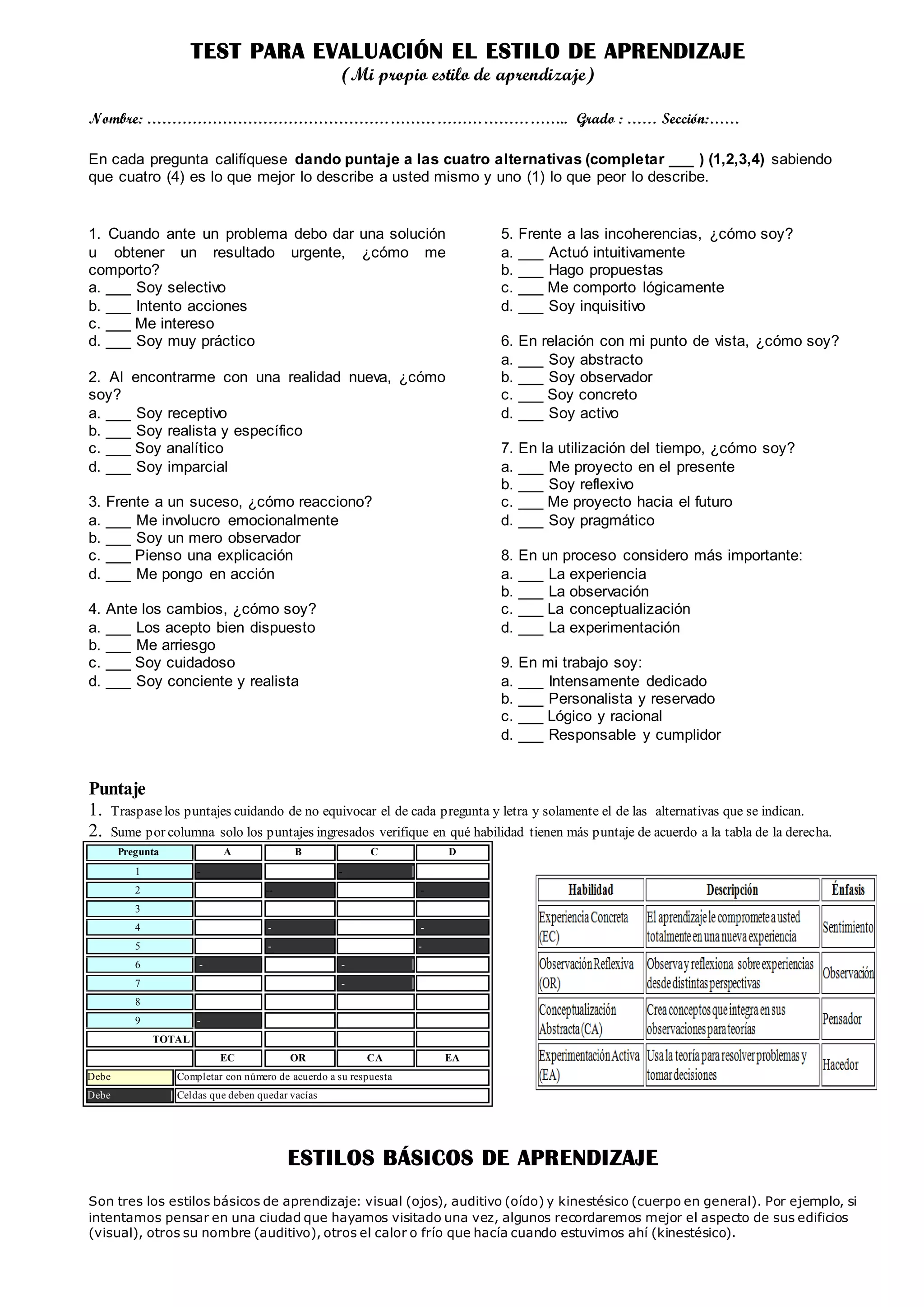 Test para identificar el estilo de aprendizaje | PDF