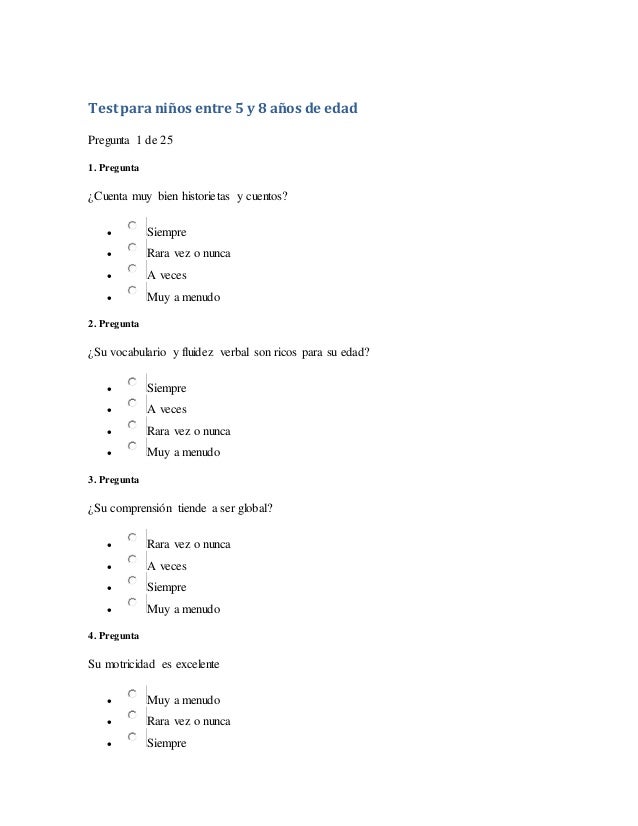 Test Para Ninos Entre 5 Y 8 Anos De Edad Test Para Ninos Entre 5 Y 8 Anos De Edad