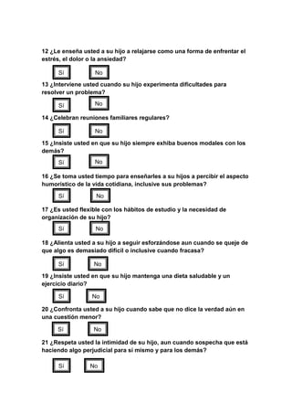 12 ¿Le enseña usted a su hijo a relajarse como una forma de enfrentar el
estrés, el dolor o la ansiedad?

      Sí           No
13 ¿Interviene usted cuando su hijo experimenta dificultades para
resolver un problema?

      Sí           No

14 ¿Celebran reuniones familiares regulares?

      Sí           No

15 ¿Insiste usted en que su hijo siempre exhiba buenos modales con los
demás?
      Sí           No

16 ¿Se toma usted tiempo para enseñarles a su hijos a percibir el aspecto
humorístico de la vida cotidiana, inclusive sus problemas?

      Sí           No

17 ¿Es usted flexible con los hábitos de estudio y la necesidad de
organización de su hijo?
      Sí           No

18 ¿Alienta usted a su hijo a seguir esforzándose aun cuando se queje de
que algo es demasiado difícil o inclusive cuando fracasa?

      Sí          No

19 ¿Insiste usted en que su hijo mantenga una dieta saludable y un
ejercicio diario?

      Sí          No

20 ¿Confronta usted a su hijo cuando sabe que no dice la verdad aún en
una cuestión menor?

     Sí           No

21 ¿Respeta usted la intimidad de su hijo, aun cuando sospecha que está
haciendo algo perjudicial para sí mismo y para los demás?

      Sí         No
 