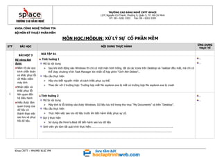 TRƯỜNG CAO ĐẲNG NGHỀ CNTT iSPACE
137C Nguyễn Chí Thanh, Phường 9, Quận 5, TP. Hồ Chí Minh
ĐT: 08 – 6261 0303
Fax: 08 – 6261 0304

KHOA CÔNG NGHỆ THÔNG TIN
BỘ MÔN

MÔN HỌC/MÔĐUN: XỬ LÝ SỰ CỐ PHẦN MỀM
STT

BÀI HỌC
BÀI HỌC 2
Kỹ năng đạt
được
Nắm rõ các quy
trình chẩn đoán
và khắc phục lỗi
về Phần mềm
máy tính

1

Nhận diện và
khắc phục lỗi
liên quan đến
hệ điều hành
Hiểu được tầm
quan trọng của
dữ liệu và
thành thạo việc
sao lưu và phục
hồi dữ liệu.

NỘI DUNG THỰC HÀNH

ỨNG DỤNG
THỰC TẾ

BÀI TẬP 01
Tình huống 1
Mô tả nội dung


…
…

Sau khi khởi động vào Windows thì chỉ có một màn hình trống, tất cả các icons trên Desktop và Taskbar đều mất, mà chỉ có
thể chạy chương trình Task Manager khi nhấn tổ hợp phím “Ctrl+Alt+Delete”..

Yêu cầu thực hiện


Hãy cho biết nguyên nhân và cách khắc phục cụ thể.



Thao tác với 2 trường hợp: Trường hợp mất file explorer.exe bị mất và trường hợp file explorer.exe bị crash

Tình huống 2
Mô tả nội dung


Máy tính bị lỗi không vào được Windows. Dữ liệu lưu trữ trong thư mục “My Documents” và trên “Desktop”.

Yêu cầu thực hiện


Thực hiện việc sao lưu dữ liệu trước khi tiến hành khắc phục sự cố.

Gợi ý thực hiện


Sử dụng đĩa Hiren's.Boot để tiến hành sao lưu dữ liệu

Sinh viên ghi tóm tắt quá trình thực hiện:…………………………………………………………………………………………………..
………………………………………………………………………………………………………………………………………………………………

Khoa CNTT – MH/MĐ XLSC PM

…
…

 