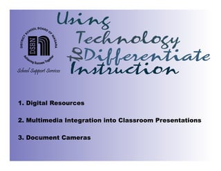1. Digital Resources

2. Multimedia Integration into Classroom Presentations

3. Document Cameras
 