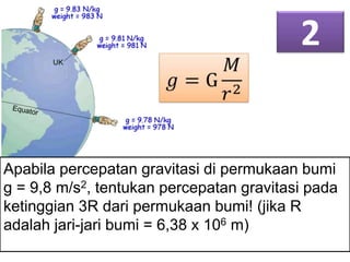 2

Apabila percepatan gravitasi di permukaan bumi
g = 9,8 m/s2, tentukan percepatan gravitasi pada
ketinggian 3R dari permukaan bumi! (jika R
adalah jari-jari bumi = 6,38 x 106 m)

 
