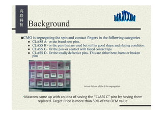 Background
CMG is segregating the spin and contact fingers in the following categories





CLASS A -or the brand new pins.
CLASS B - or the pins that are used but still in good shape and plating condition.
CLASS C- Or the pins or contact with faded contact tips
CLASS D- Or the totally defective pins. This are either bent, burnt or broken
pins

Actual Picture of the S Pin segregation

•Maxcom came up with an idea of saving the “CLASS C” pins by having them
replated. Target Price is more than 50% of the OEM value

 