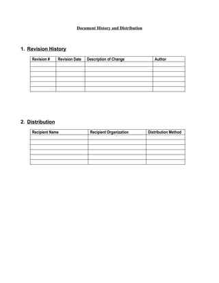 Document History and Distribution



1. Revision History

     Revision #   Revision Date   Description of Change            Author




2. Distribution

     Recipient Name                Recipient Organization       Distribution Method
 