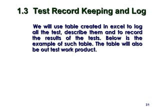 1.3 Test Record Keeping and Log
   We will use table created in excel to log
   all the test, describe them and to record
   the results of the tests. Below is the
   example of such table. The table will also
   be out test work product.




                                                31
 