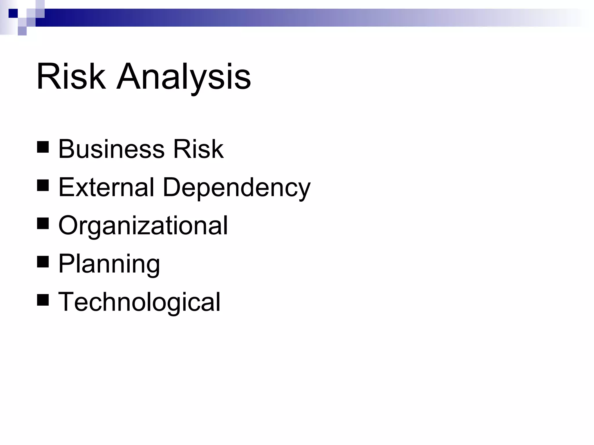 Risk Analysis Business Risk External Dependency Organizational Planning Technological 
