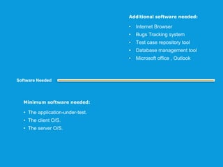 • The application-under-test.
• The client O/S.
• The server O/S.
• Internet Browser
• Bugs Tracking system
• Test case repository tool
• Database management tool
• Microsoft office , Outlook
Software Needed
Minimum software needed:
Additional software needed:
 