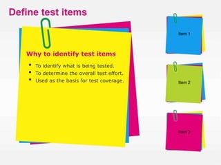• To identify what is being tested.
• To determine the overall test effort.
• Used as the basis for test coverage.
Define test items
Why to identify test items
Item 1
Item 2
Item 3
 