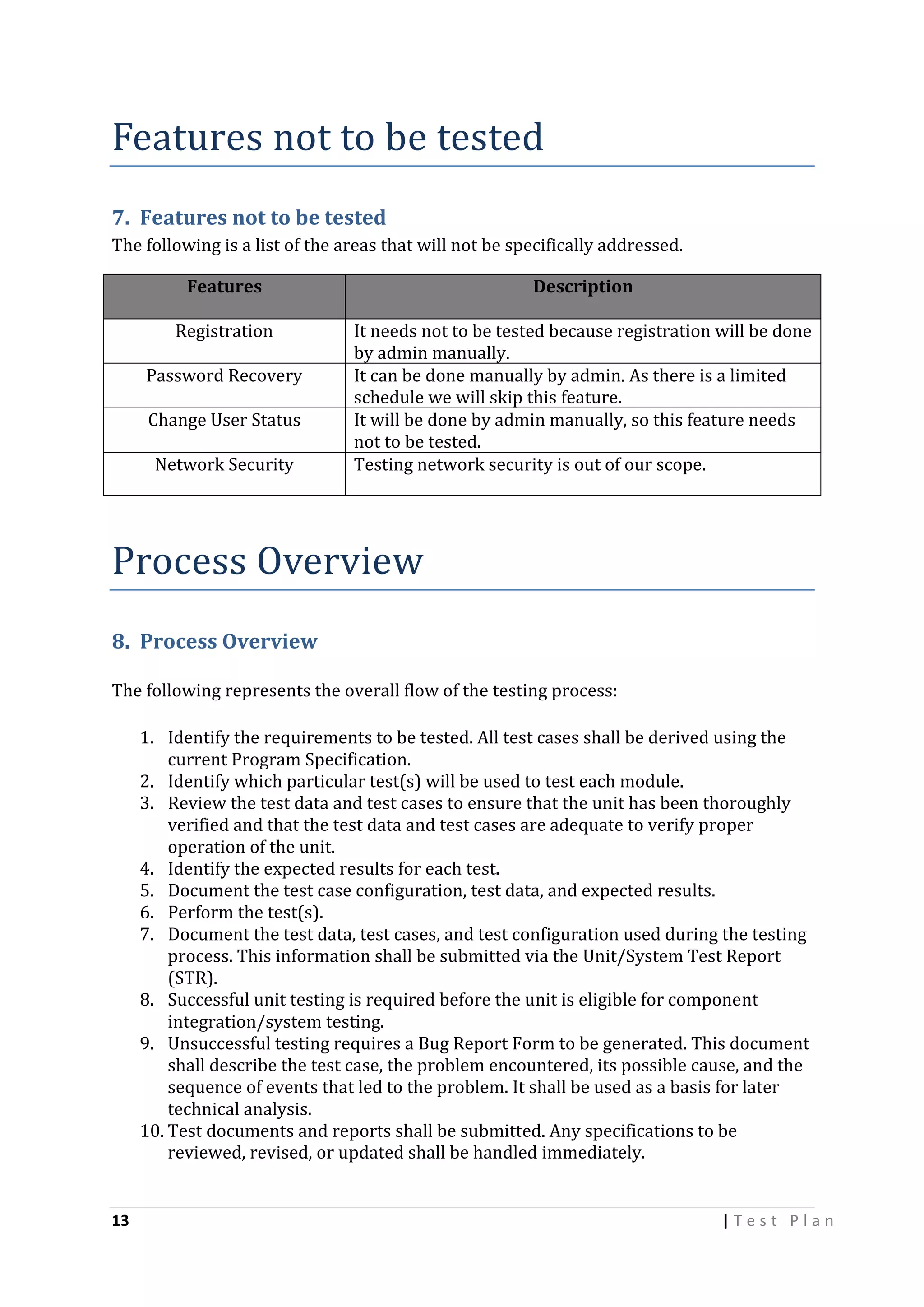 Features not to be tested
7. Features not to be tested
The following is a list of the areas that will not be specifically addressed.
Features

Description

Registration

It needs not to be tested because registration will be done
by admin manually.
It can be done manually by admin. As there is a limited
schedule we will skip this feature.
It will be done by admin manually, so this feature needs
not to be tested.
Testing network security is out of our scope.

Password Recovery
Change User Status
Network Security

Process Overview
8. Process Overview
The following represents the overall flow of the testing process:
1. Identify the requirements to be tested. All test cases shall be derived using the
current Program Specification.
2. Identify which particular test(s) will be used to test each module.
3. Review the test data and test cases to ensure that the unit has been thoroughly
verified and that the test data and test cases are adequate to verify proper
operation of the unit.
4. Identify the expected results for each test.
5. Document the test case configuration, test data, and expected results.
6. Perform the test(s).
7. Document the test data, test cases, and test configuration used during the testing
process. This information shall be submitted via the Unit/System Test Report
(STR).
8. Successful unit testing is required before the unit is eligible for component
integration/system testing.
9. Unsuccessful testing requires a Bug Report Form to be generated. This document
shall describe the test case, the problem encountered, its possible cause, and the
sequence of events that led to the problem. It shall be used as a basis for later
technical analysis.
10. Test documents and reports shall be submitted. Any specifications to be
reviewed, revised, or updated shall be handled immediately.

13

|Test Plan

 