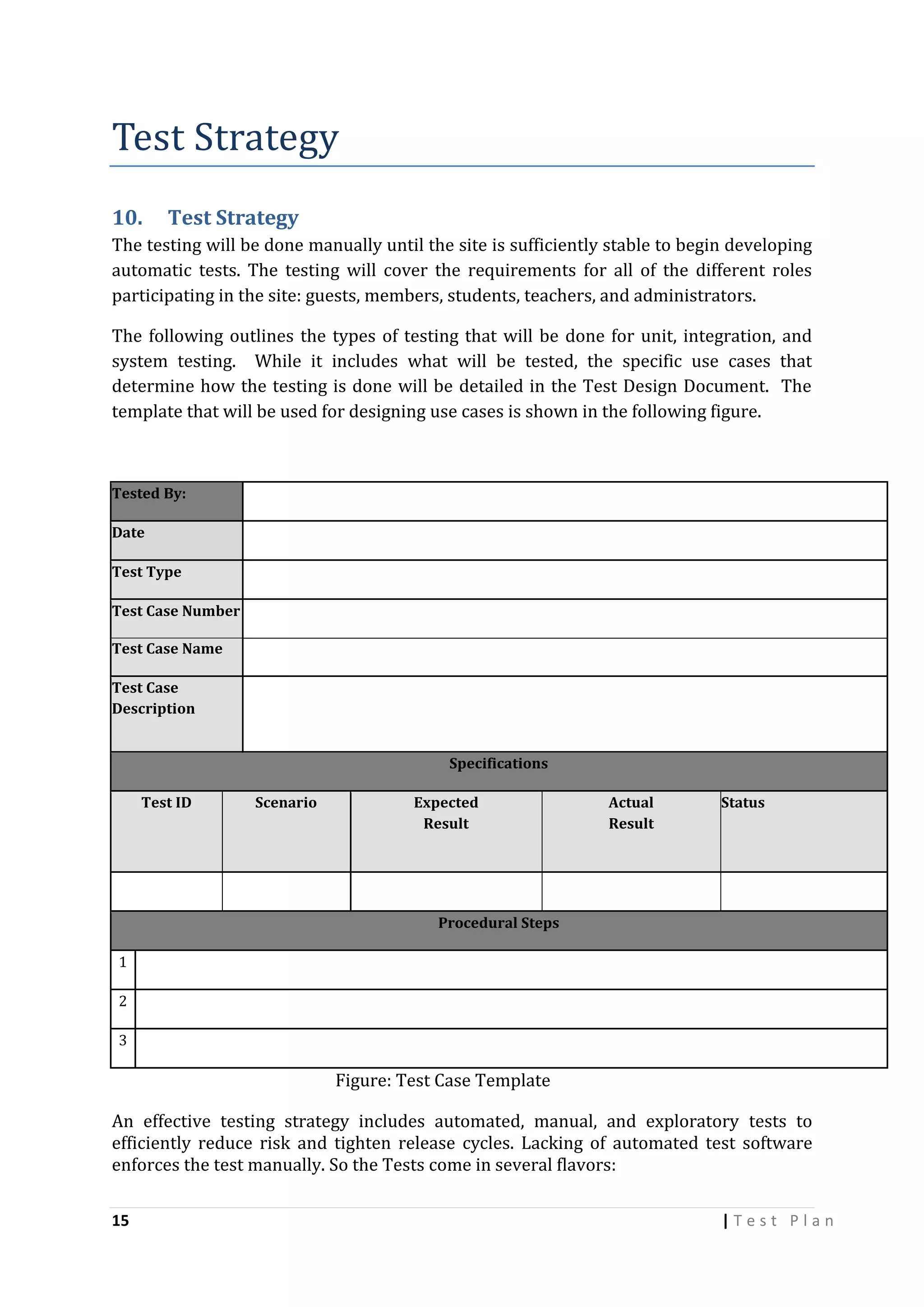 Test Strategy
10.

Test Strategy

The testing will be done manually until the site is sufficiently stable to begin developing
automatic tests. The testing will cover the requirements for all of the different roles
participating in the site: guests, members, students, teachers, and administrators.
The following outlines the types of testing that will be done for unit, integration, and
system testing. While it includes what will be tested, the specific use cases that
determine how the testing is done will be detailed in the Test Design Document. The
template that will be used for designing use cases is shown in the following figure.

Tested By:
Date
Test Type
Test Case Number
Test Case Name
Test Case
Description
Specifications
Test ID

Scenario

Expected
Result

Actual
Result

Status

Procedural Steps
1
2
3

Figure: Test Case Template
An effective testing strategy includes automated, manual, and exploratory tests to
efficiently reduce risk and tighten release cycles. Lacking of automated test software
enforces the test manually. So the Tests come in several flavors:
15

|Test Plan

 