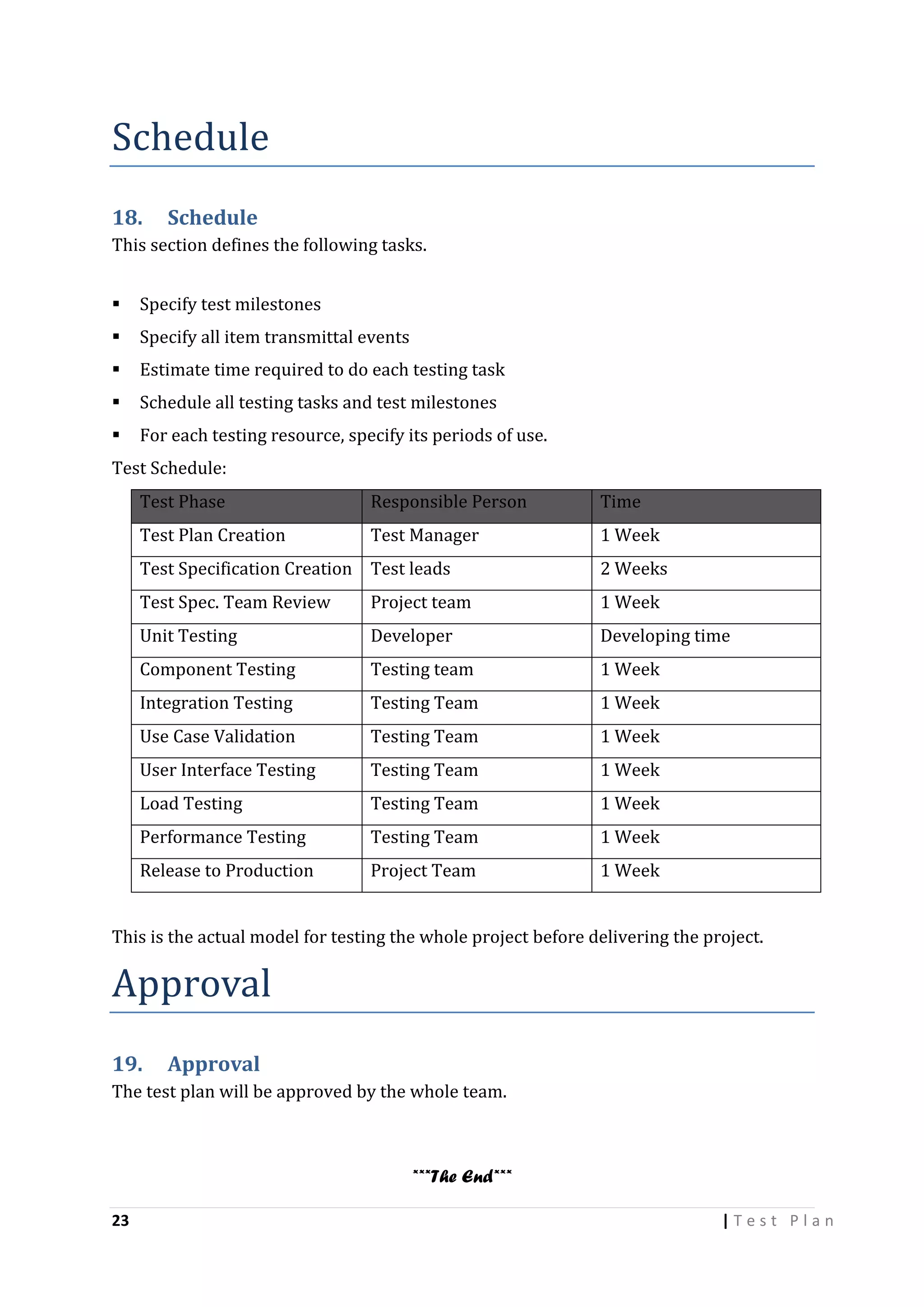 Schedule
18.

Schedule

This section defines the following tasks.


Specify test milestones



Specify all item transmittal events



Estimate time required to do each testing task



Schedule all testing tasks and test milestones



For each testing resource, specify its periods of use.

Test Schedule:
Test Phase

Responsible Person

Time

Test Plan Creation

Test Manager

1 Week

Test Specification Creation Test leads

2 Weeks

Test Spec. Team Review

Project team

1 Week

Unit Testing

Developer

Developing time

Component Testing

Testing team

1 Week

Integration Testing

Testing Team

1 Week

Use Case Validation

Testing Team

1 Week

User Interface Testing

Testing Team

1 Week

Load Testing

Testing Team

1 Week

Performance Testing

Testing Team

1 Week

Release to Production

Project Team

1 Week

This is the actual model for testing the whole project before delivering the project.

Approval
19.

Approval

The test plan will be approved by the whole team.

***The End***
23

|Test Plan

 