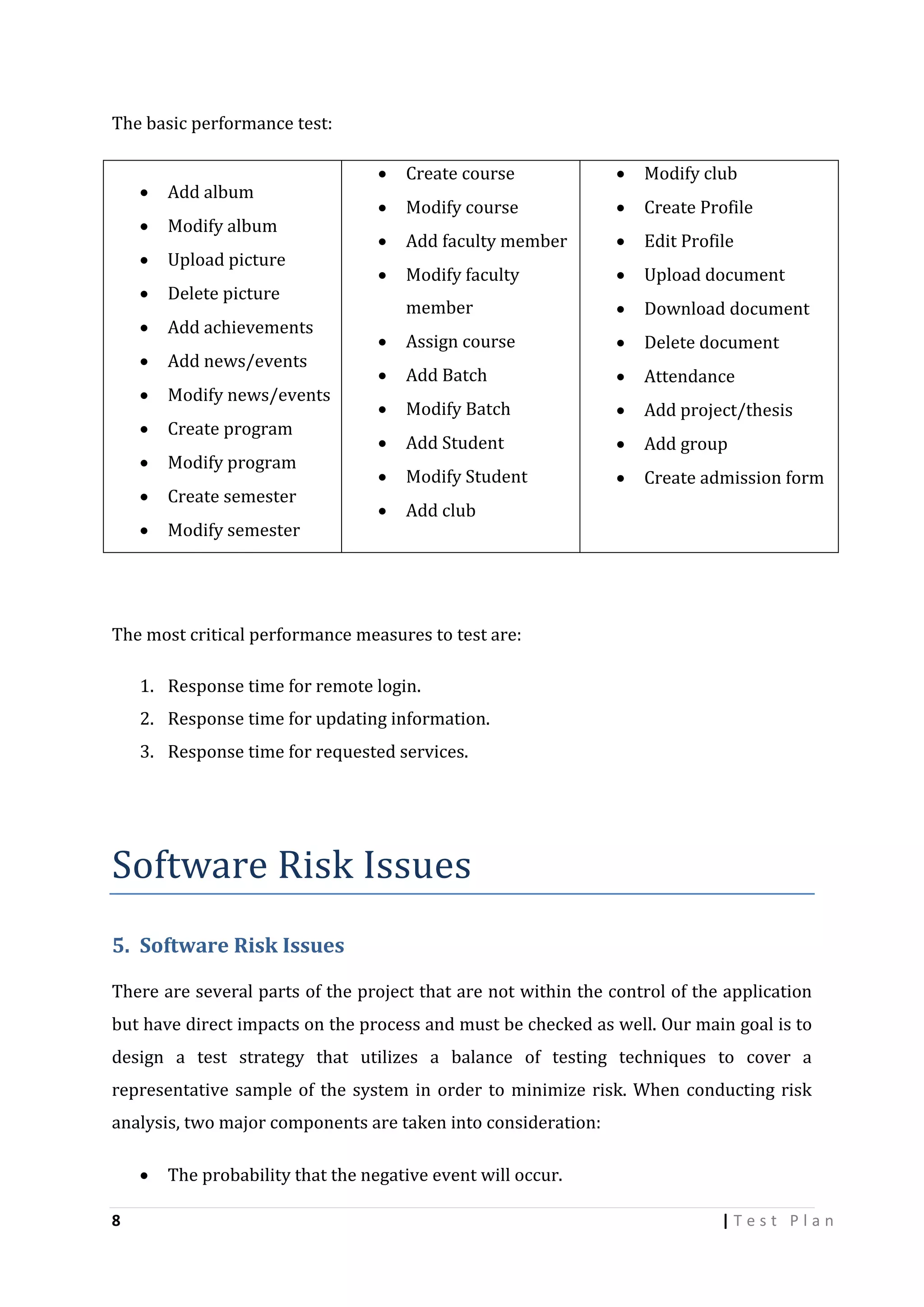The basic performance test:


Add album



Modify album



Upload picture



Delete picture



Add achievements



Add news/events



Modify news/events



Create program



Modify program



Create semester



Modify semester



Create course



Modify club



Modify course



Create Profile



Add faculty member



Edit Profile



Modify faculty



Upload document

member



Download document



Assign course



Delete document



Add Batch



Attendance



Modify Batch



Add project/thesis



Add Student



Add group



Modify Student



Create admission form



Add club

The most critical performance measures to test are:
1. Response time for remote login.
2. Response time for updating information.
3. Response time for requested services.

Software Risk Issues
5. Software Risk Issues
There are several parts of the project that are not within the control of the application
but have direct impacts on the process and must be checked as well. Our main goal is to
design a test strategy that utilizes a balance of testing techniques to cover a
representative sample of the system in order to minimize risk. When conducting risk
analysis, two major components are taken into consideration:

8

The probability that the negative event will occur.
|Test Plan

 