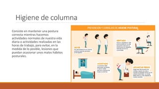 Higiene de columna
Consiste en mantener una postura
correcta mientras hacemos
actividades normales de nuestra vida
diaria o actividades realizadas en las
horas de trabajo, para evitar, en la
medida de lo posible, lesiones que
puedan ocasionar unos malos hábitos
posturales.
 