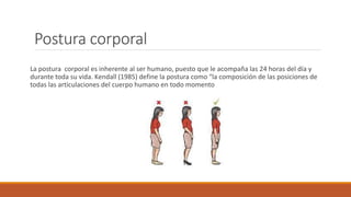 Postura corporal
La postura corporal es inherente al ser humano, puesto que le acompaña las 24 horas del día y
durante toda su vida. Kendall (1985) define la postura como “la composición de las posiciones de
todas las articulaciones del cuerpo humano en todo momento
 