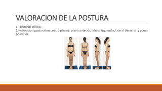 VALORACION DE LA POSTURA
1.- historial clínica:
2.-valoracion postural en cuatro planos: plano anterior, lateral izquierdo, lateral derecho y plano
posterior.
 