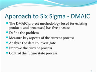 Approach to Six Sigma - DMAIC
The DMAIC project methodology (used for existing
 products and processes) has five phases:
Define the problem
Measure key aspects of the current process
Analyze the data to investigate
Improve the current process
Control the future state process




                                                    19
 