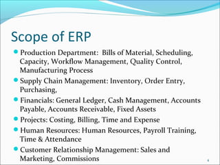 Scope of ERP
Production Department: Bills of Material, Scheduling,
 Capacity, Workflow Management, Quality Control,
 Manufacturing Process
Supply Chain Management: Inventory, Order Entry,
 Purchasing,
Financials: General Ledger, Cash Management, Accounts
 Payable, Accounts Receivable, Fixed Assets
Projects: Costing, Billing, Time and Expense
Human Resources: Human Resources, Payroll Training,
 Time & Attendance
Customer Relationship Management: Sales and
 Marketing, Commissions                                  4
 