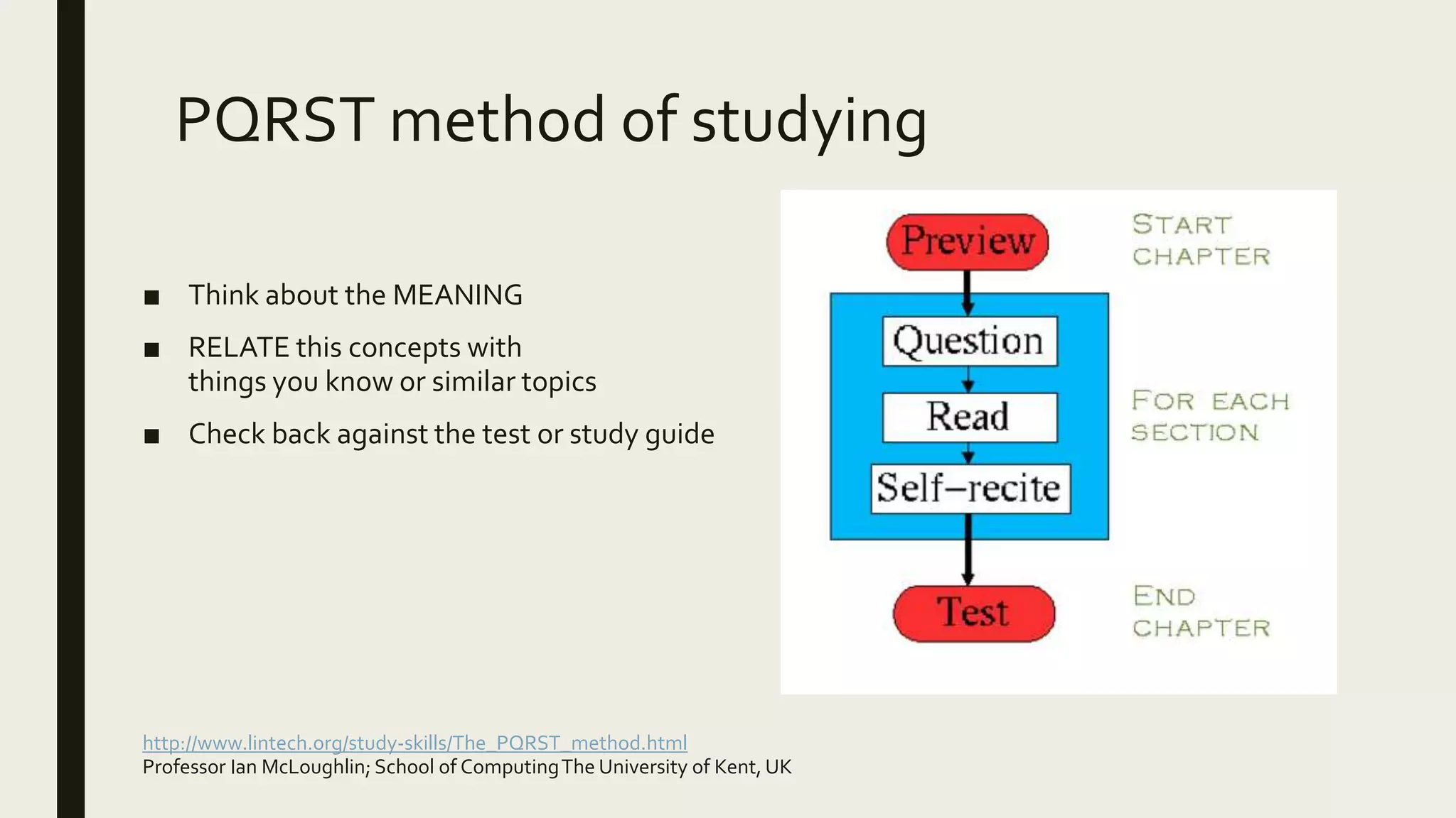 PQRST method of studying
■ Think about the MEANING
■ RELATE this concepts with
things you know or similar topics
■ Check back against the test or study guide
http://www.lintech.org/study-skills/The_PQRST_method.html
Professor Ian McLoughlin; School of ComputingThe University of Kent, UK
 