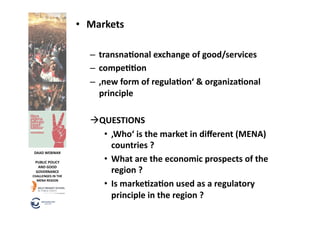 •  Markets	
  

                                 –  transnaOonal	
  exchange	
  of	
  good/services	
  
                                 –  compeOOon	
  
                                 –  ‚new	
  form	
  of	
  regulaOon‘	
  &	
  organizaOonal	
  
                                    principle	
  

                                   UESTIONS	
  
                                  Q
                                    •  ‚Who‘	
  is	
  the	
  market	
  in	
  diﬀerent	
  (MENA)	
  
                                       countries	
  ?	
  	
  
 DAAD	
  WEBINAR	
  

  PUBLIC	
  POLICY	
                •  What	
  are	
  the	
  economic	
  prospects	
  of	
  the	
  
   AND	
  GOOD	
  
  GOVERNANCE	
  
CHALLENGES	
  IN	
  THE	
  
                                       region	
  ?	
  
                                    •  Is	
  markeOzaOon	
  used	
  as	
  a	
  regulatory	
  
  MENA	
  REGION	
  



                                       principle	
  in	
  the	
  region	
  ?	
  
 