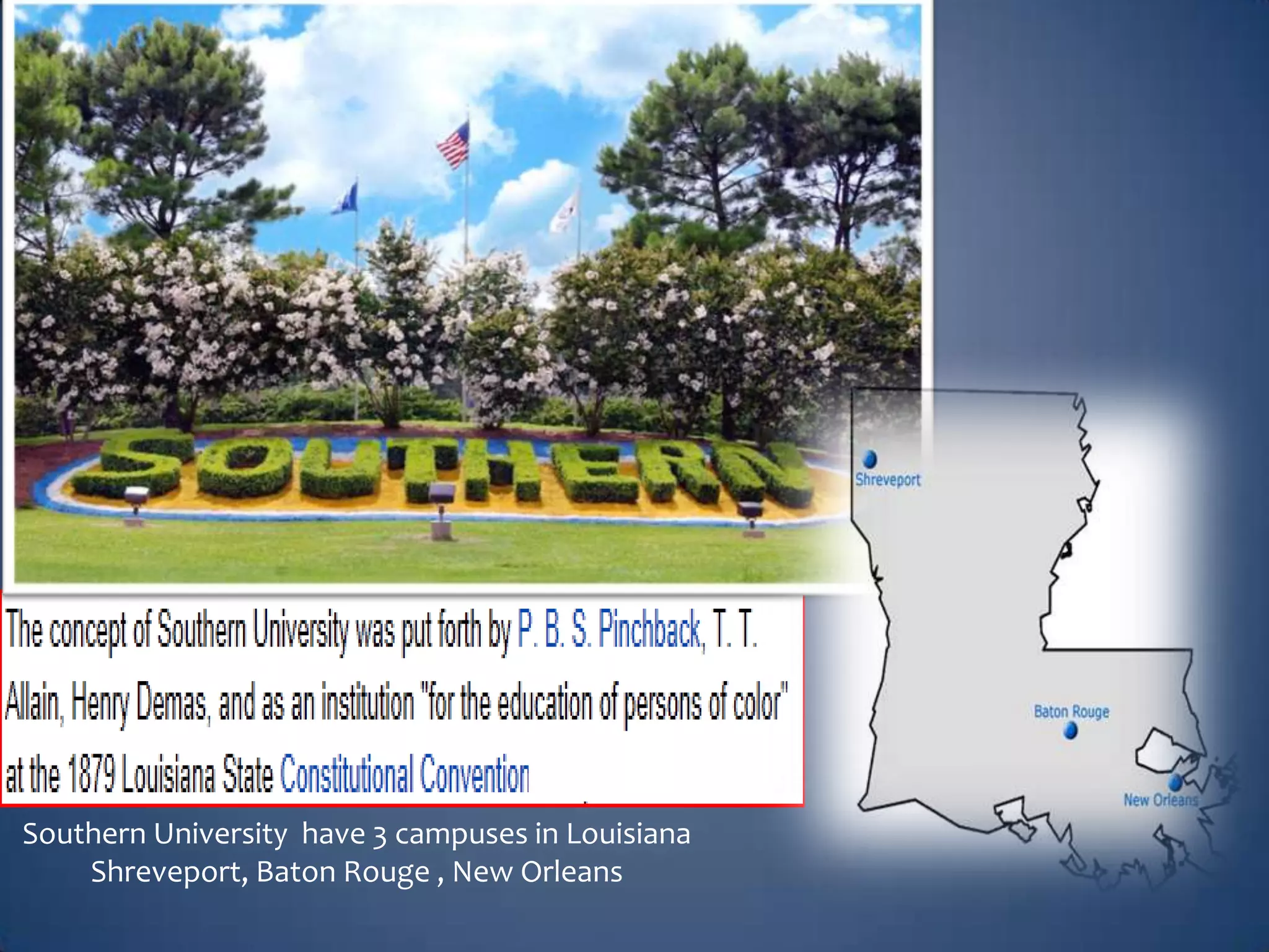 Southern University have 3 campuses in Louisiana
Shreveport, Baton Rouge , New Orleans