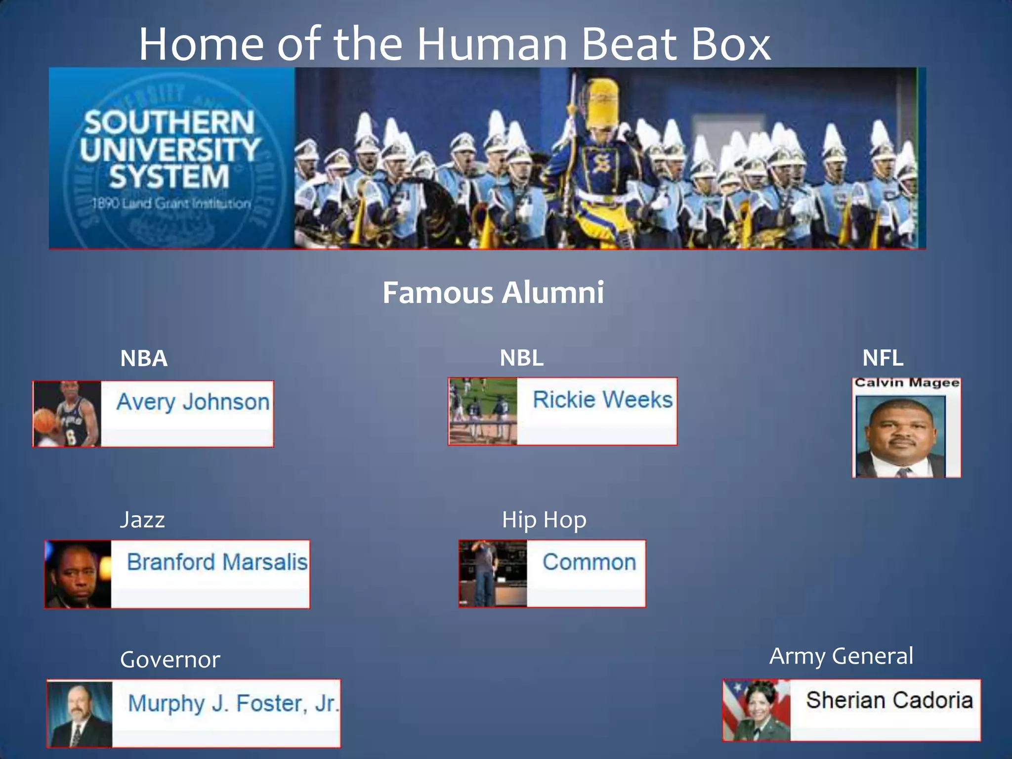 Home of the Human Beat Box
Famous Alumni
NBA
NBL
Jazz
Hip Hop
Governor
NFL
Army General